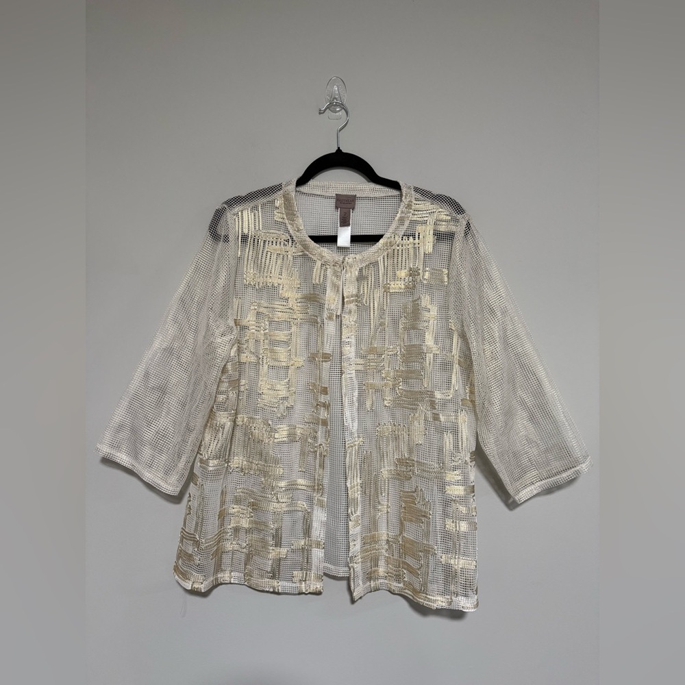Chico’s Gold Foiled Soutache Mesh Open Knit Jacket Size 2 Large NWT Artsy Modern